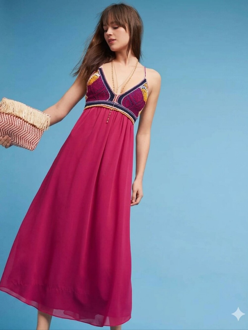 Anthropologie Maeve Violet Sunset Crocheted Boho Maxi Dress Size S